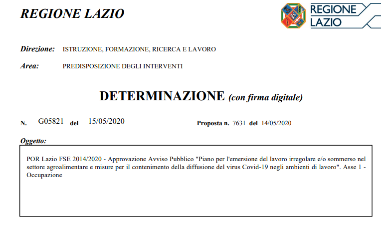 Regione Lazio_Determina G05821 del 15/05/2020