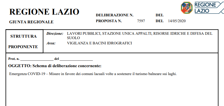 Regione Lazio delibera n.7597 del 14/05/2020