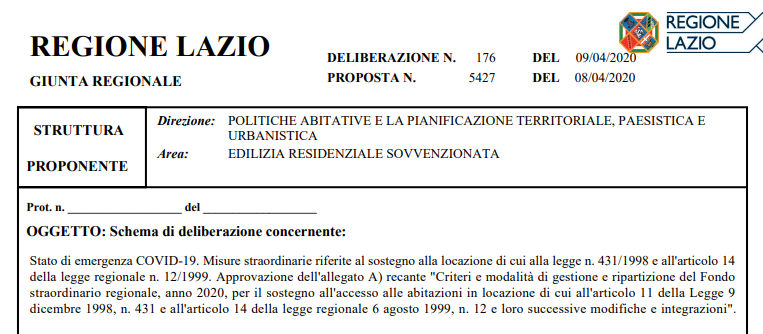 Delibera Regione Lazio N.176 09/04/2020