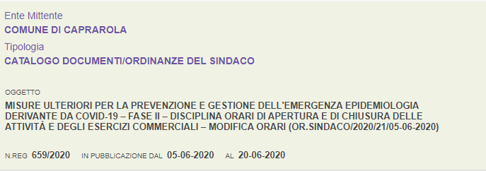 Comune di Caprarola_Ordinanza 659/2020
